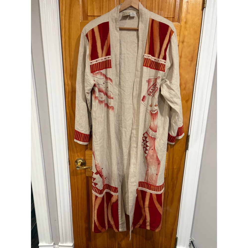 Vintage 90s Tribal Linen Duster Beaded Art Wear Festival Jacket XL